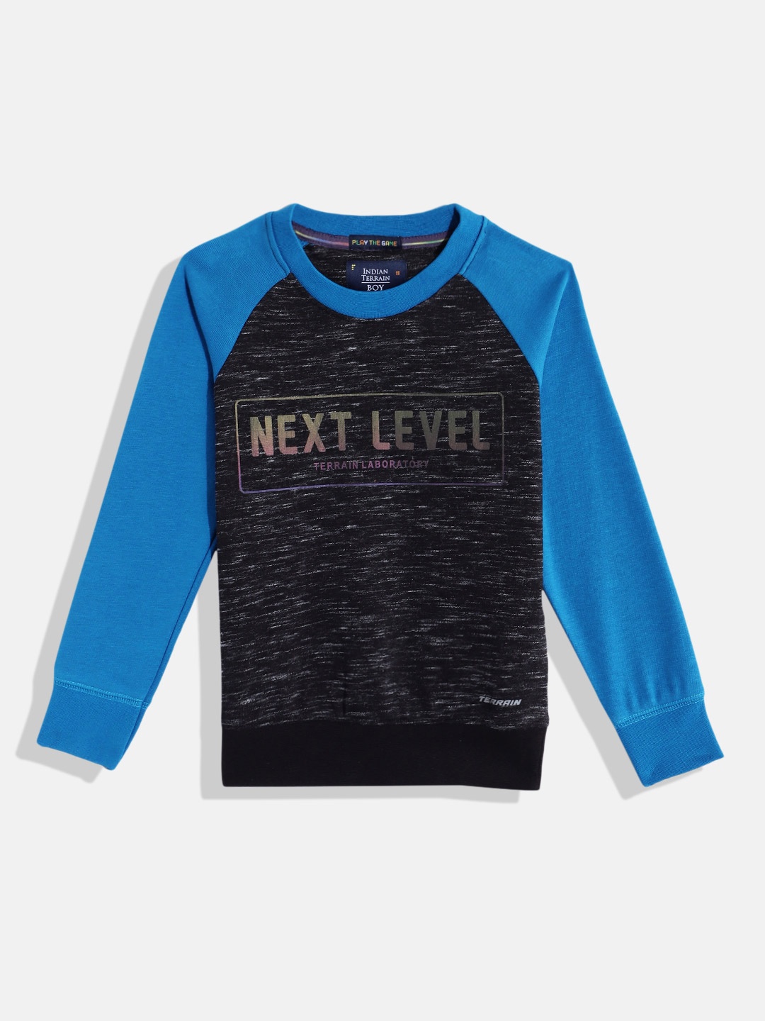 

Indian Terrain Boys Typography Printed Reglan Sleeves Sweatshirt, Blue