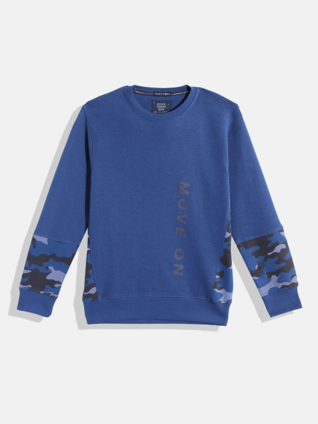 

Indian Terrain Boys Placement Camouflage Printed Sweatshirt With Typography, Navy blue