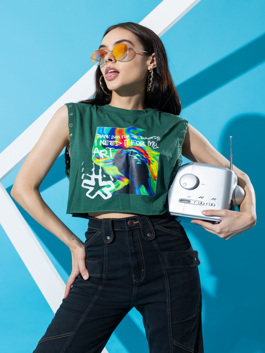 

Stylecast X Hersheinbox Cotton Sleeveless Printed T-shirt, Green