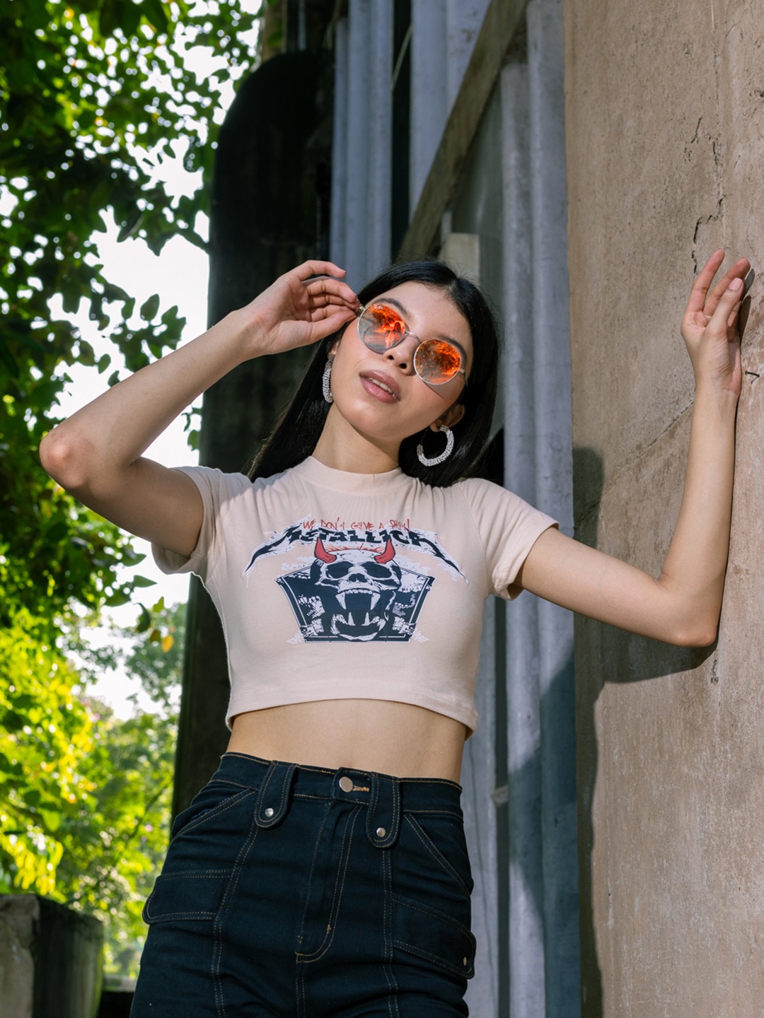 

Stylecast X Hersheinbox Printed Pure Cotton Cropped T-shirt, Beige
