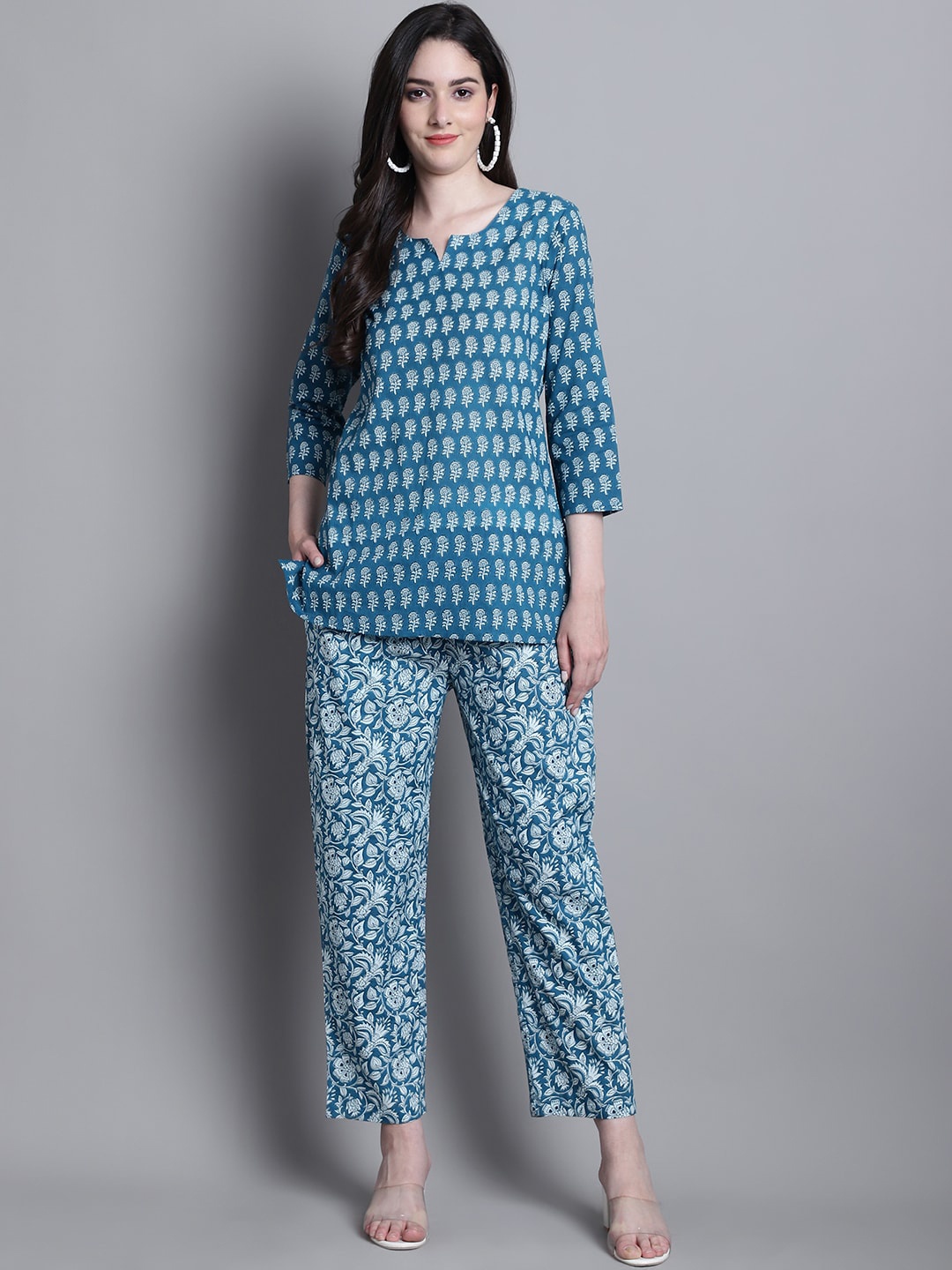 

Prakrti Teal Floral Printed Pure Cotton Night suit