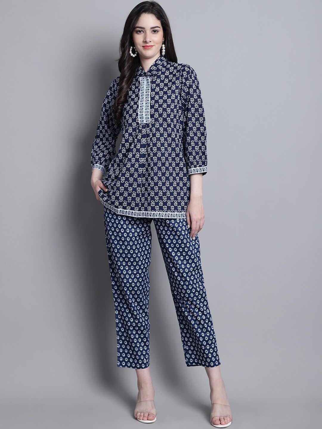 

Prakrti Navy Blue Ethnic Motifs Printed Shirt Collar Pure Cotton Tunic with Trousers