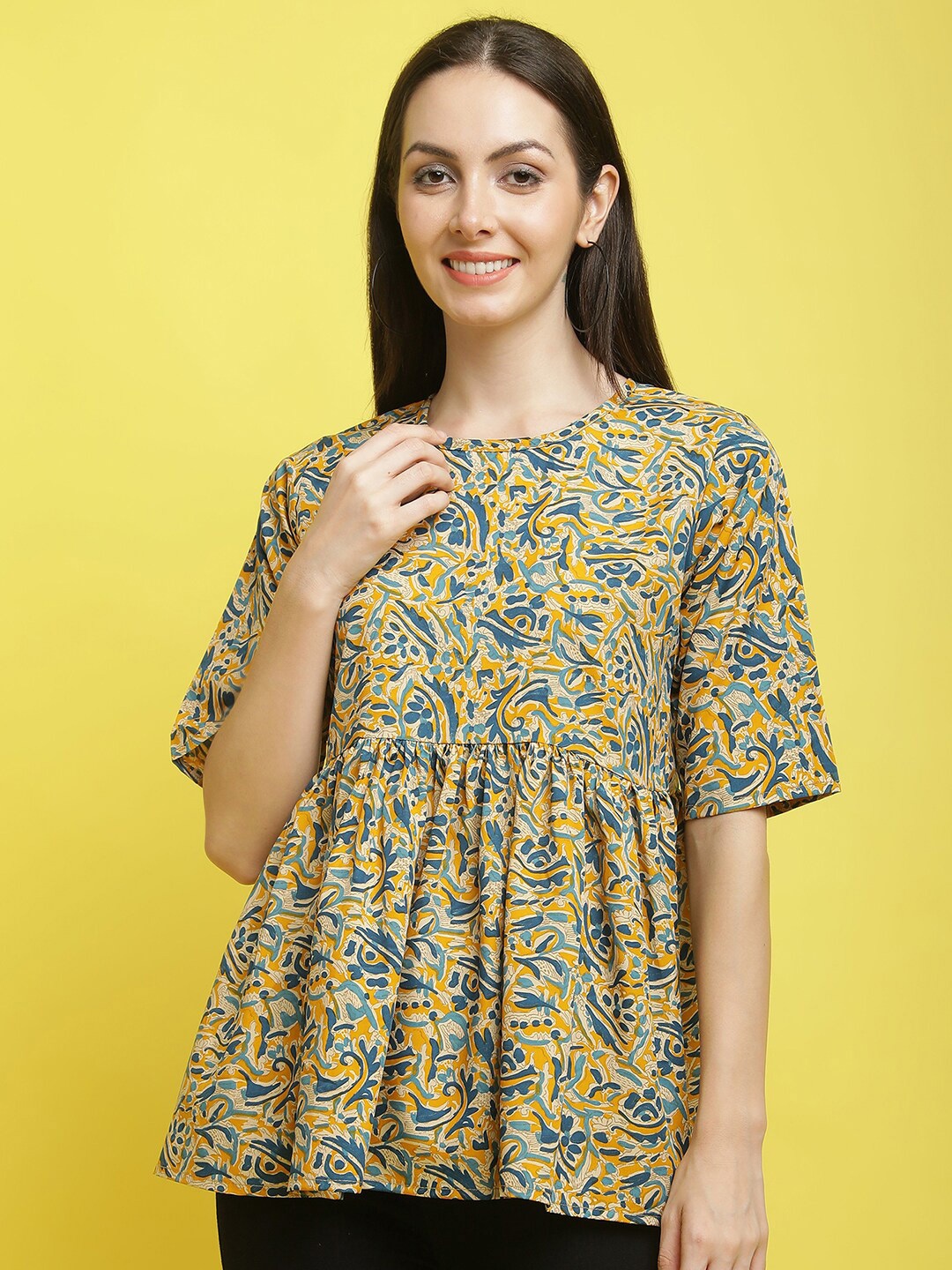 

Poshyaa Floral Printed A-Line Top, Yellow