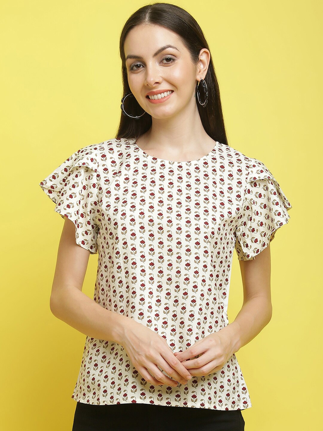 

Poshyaa Floral Printed Flared Sleeves Top, Cream