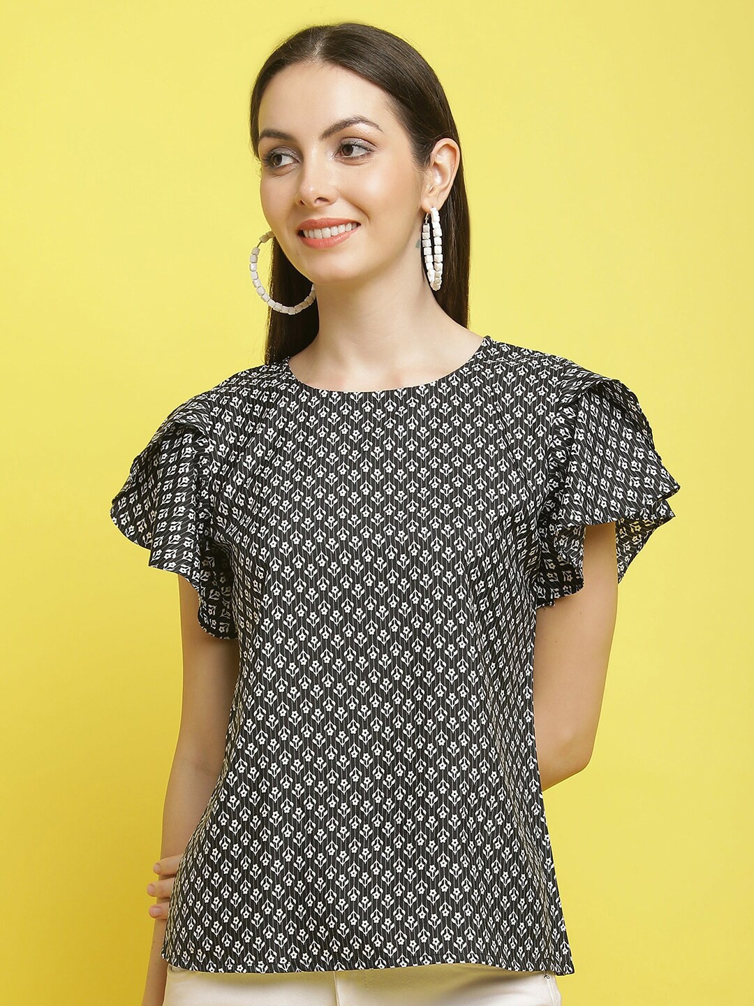 

Poshyaa Floral Printed Flared Sleeves Top, Black