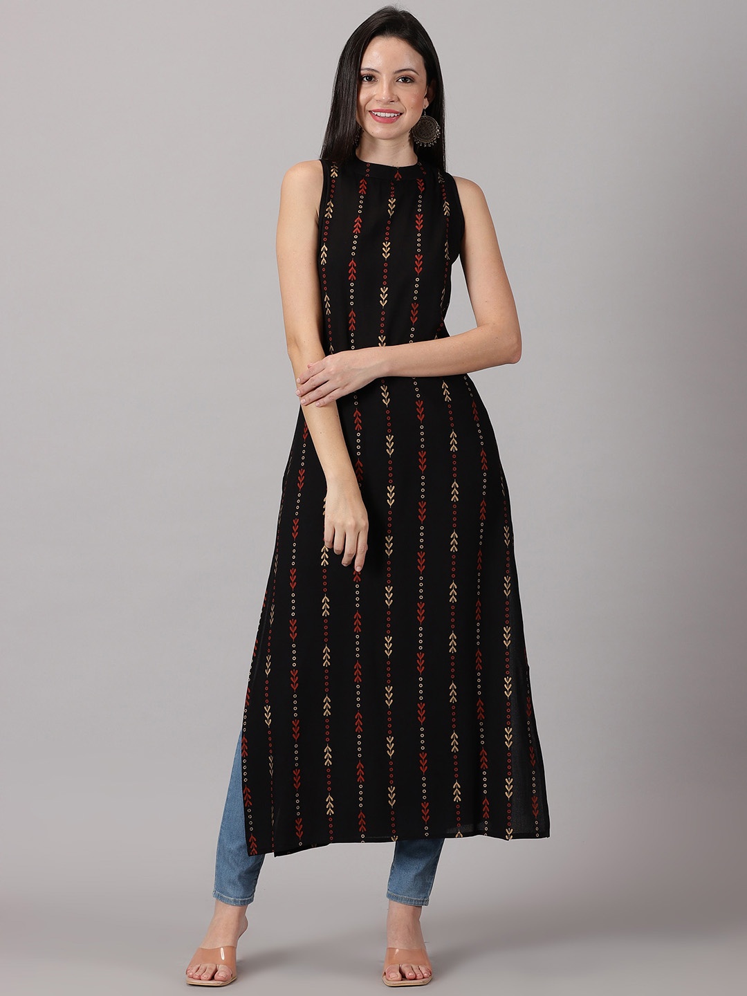 

DK FAB Floral Printed High Neck Sleeveless Straight Kurta, Black