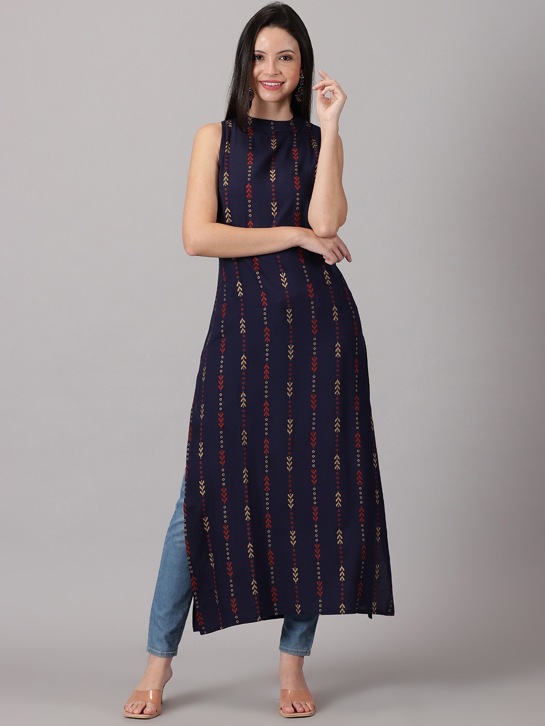 

DK FAB Floral Printed High Neck Sleeveless Straight Kurta, Blue