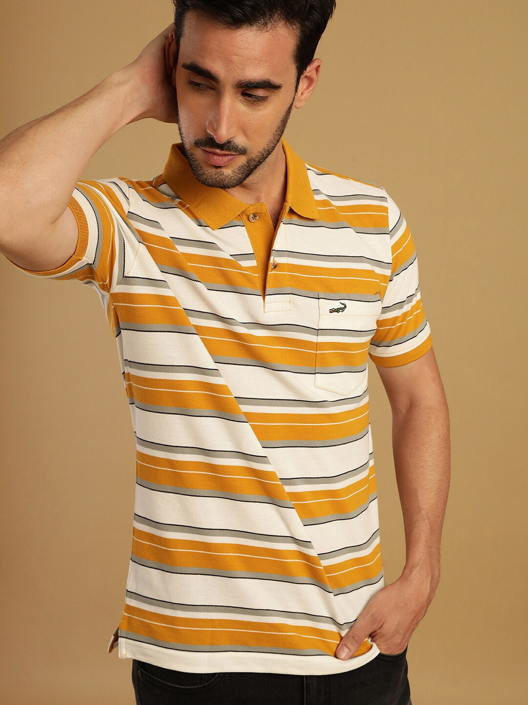 

Crocodile Striped Polo Collar Cotton T-shirt, Yellow