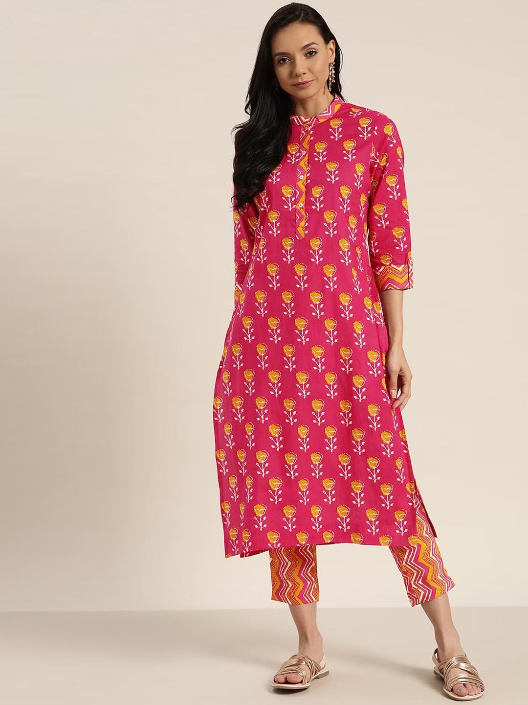 

KALINI Floral Printed Regular Pure Cotton Kurta With Trousers, Pink