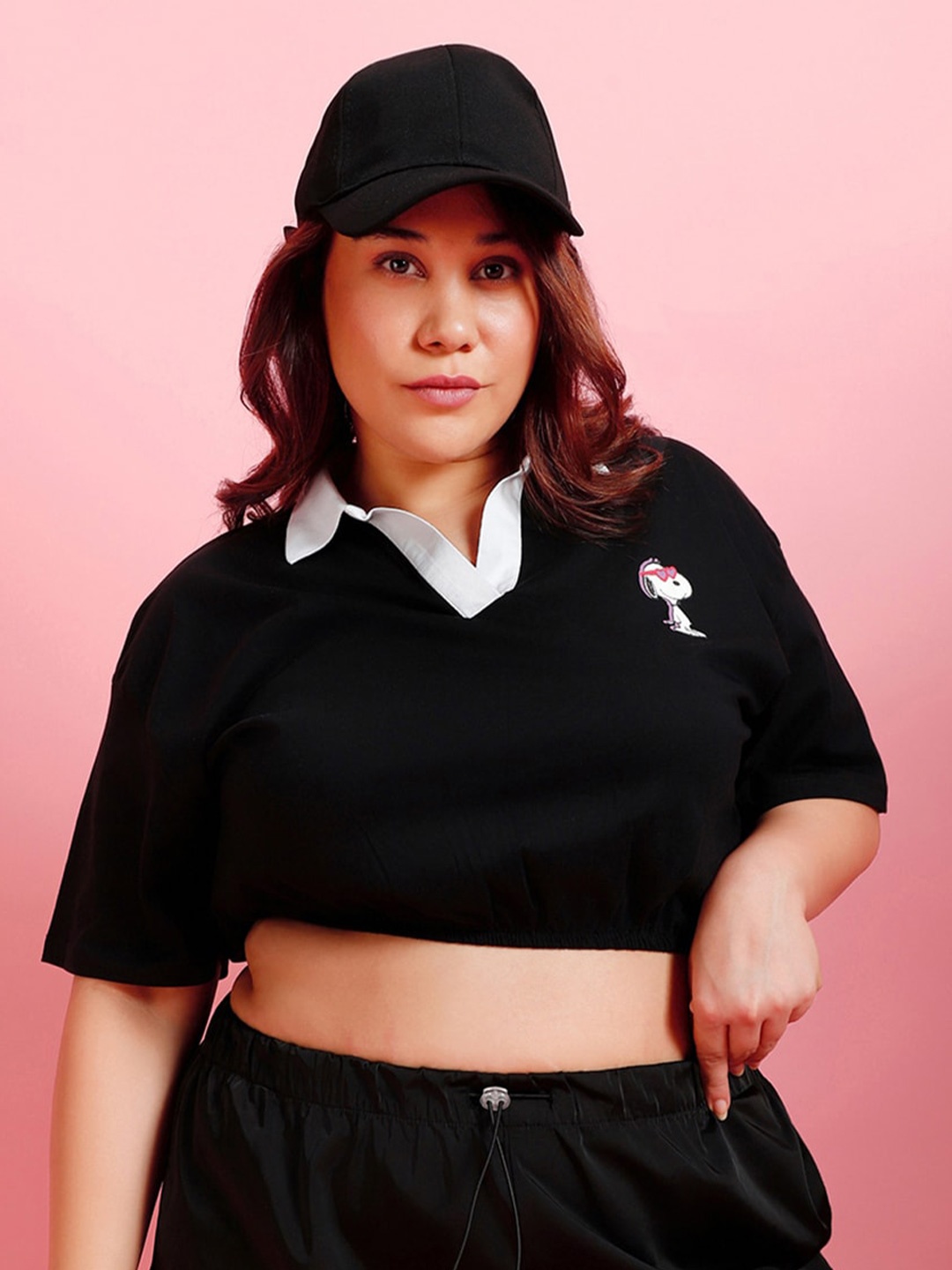 

Bewakoof Plus Plus Size Pure Cotton Shirt Style Crop Top, Black