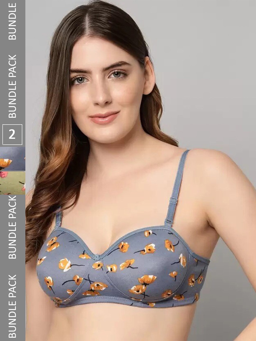 

Extoes Pack Of 2 Printed Full Coverage Lightly Padded Cotton Push Up Bra - All Day Comfort, Grey