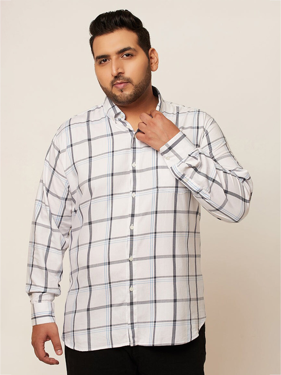

Snitch Plus Size Windowpane Checked Pure Cotton Casual Shirt, White