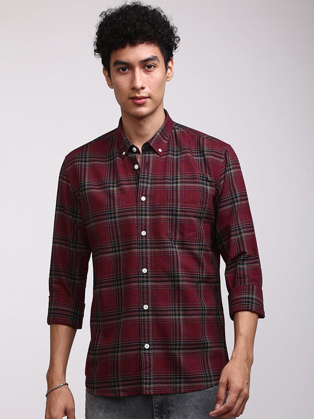 

Snitch Classic Tartan Checked Pure Cotton Casual Shirt, Red