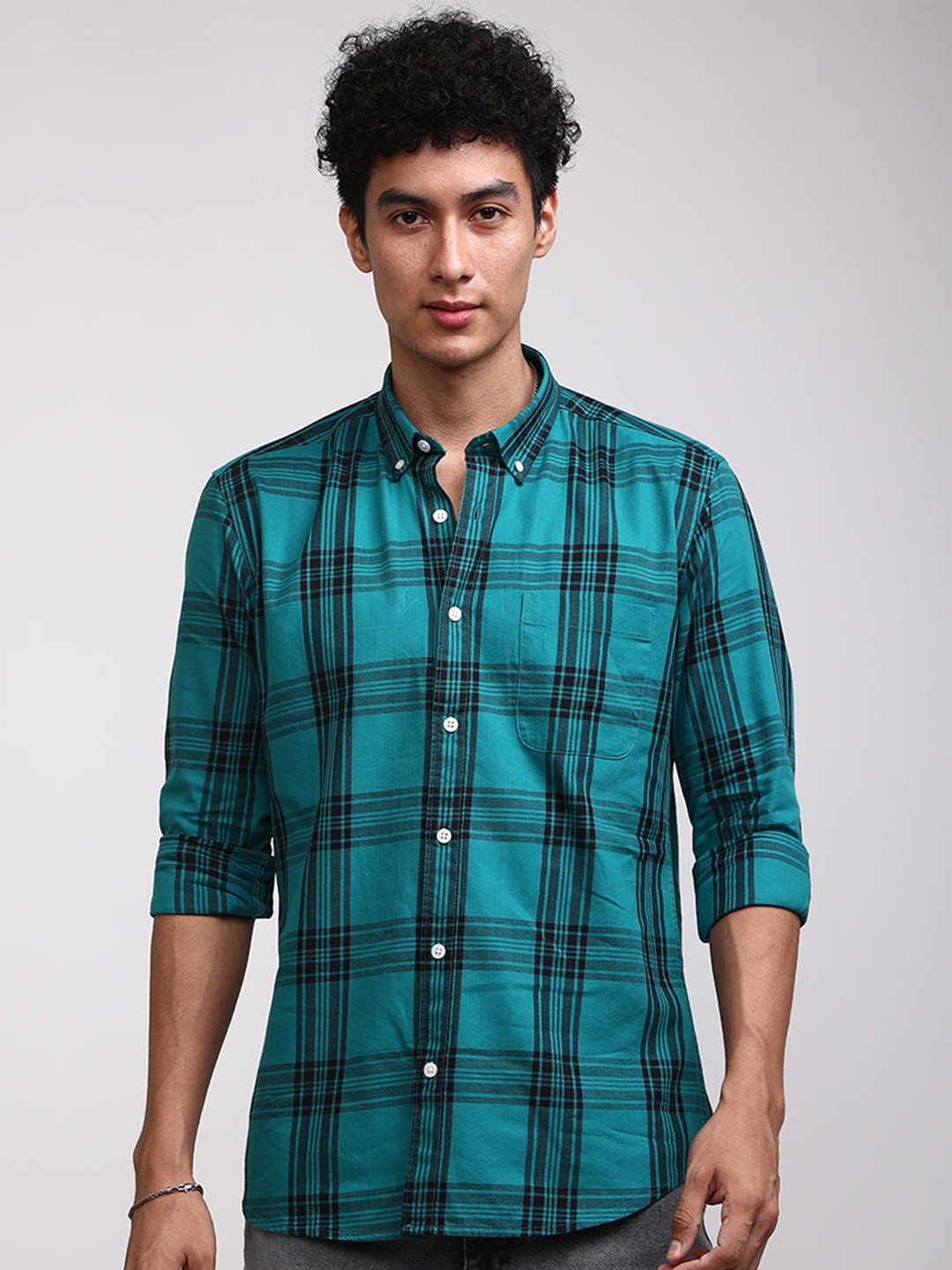

Snitch Tartan Checked Classic Button-Down Collar Pure Cotton Casual Shirt, Green