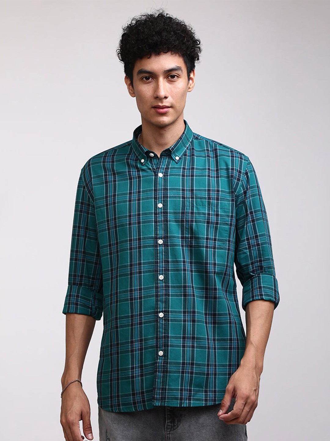 

Snitch Classic Tartan Checked Pure Cotton Casual Shirt, Green