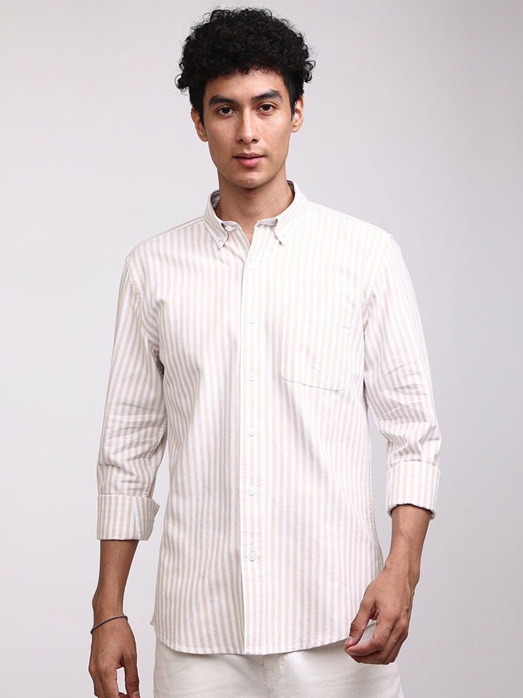 

Snitch Classic Striped Pure Cotton Casual Shirt, Beige