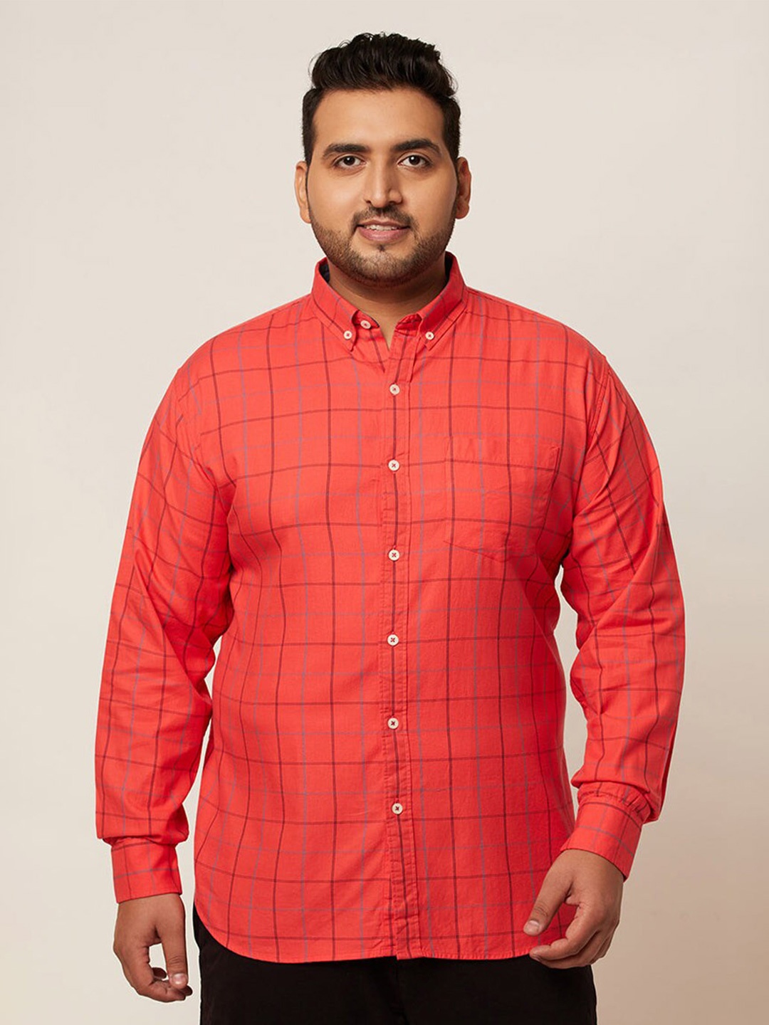 

Snitch Plus Size Classic Windowpane Checked Button-Down Collar Pure Cotton Casual Shirt, Red