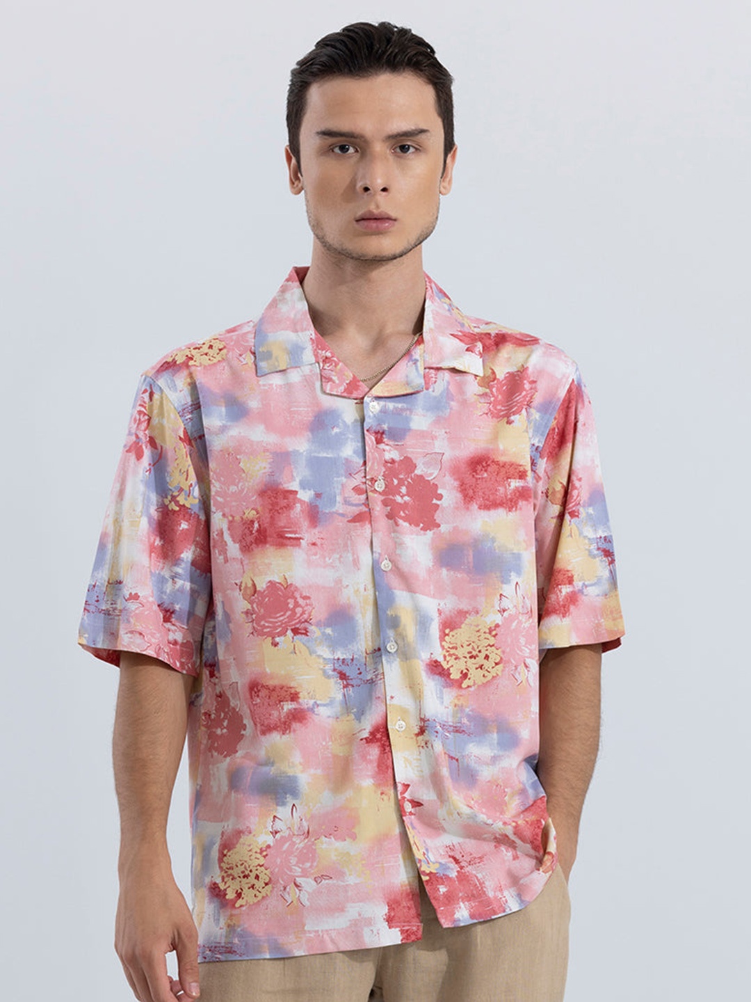 

Snitch Abstract Printed Cuban Collar Classic Oversized Casual Shirt, Pink