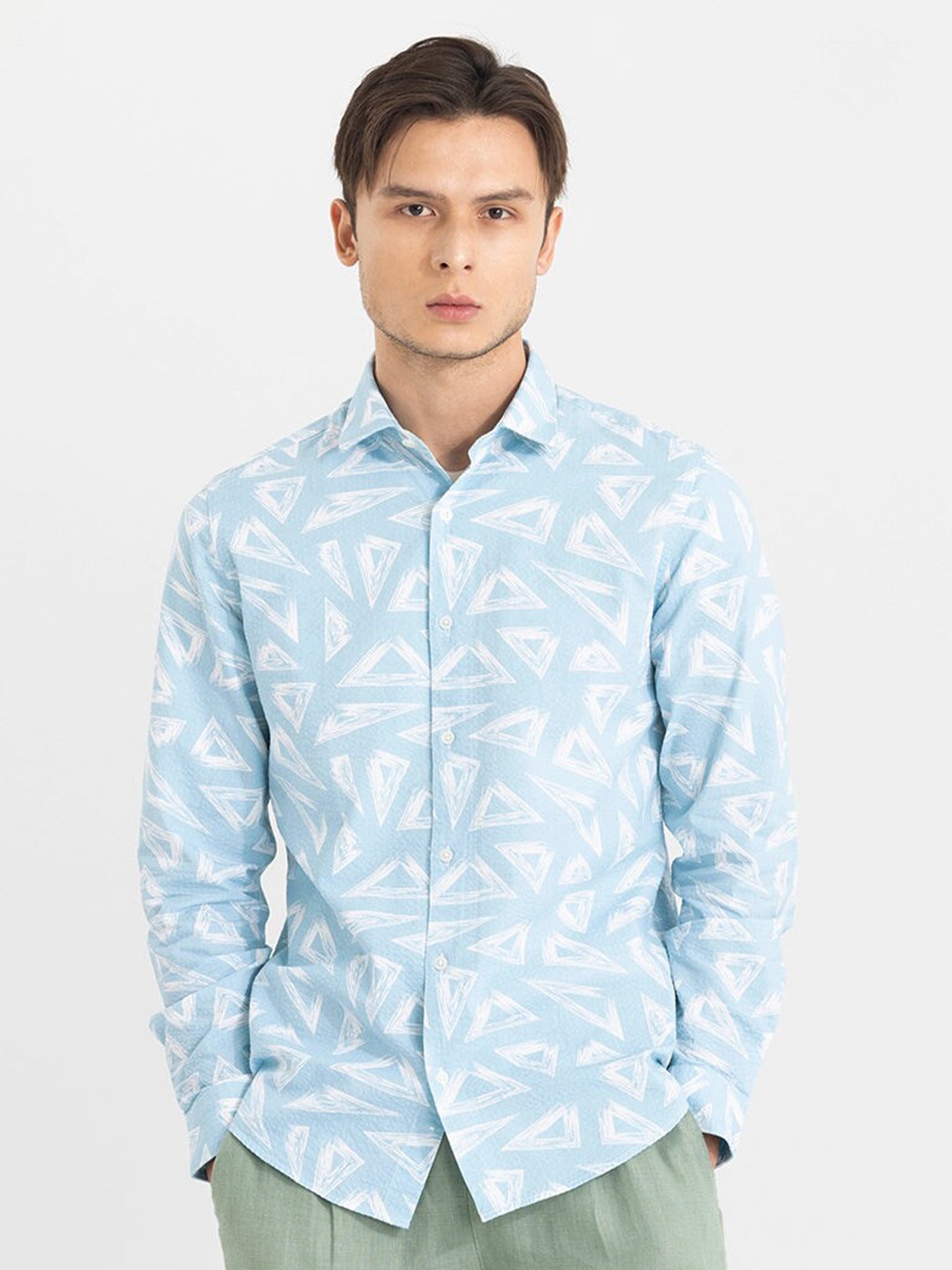 

Snitch Classic Geometric Printed Spread Collar Pure Cotton Casual Shirt, Blue