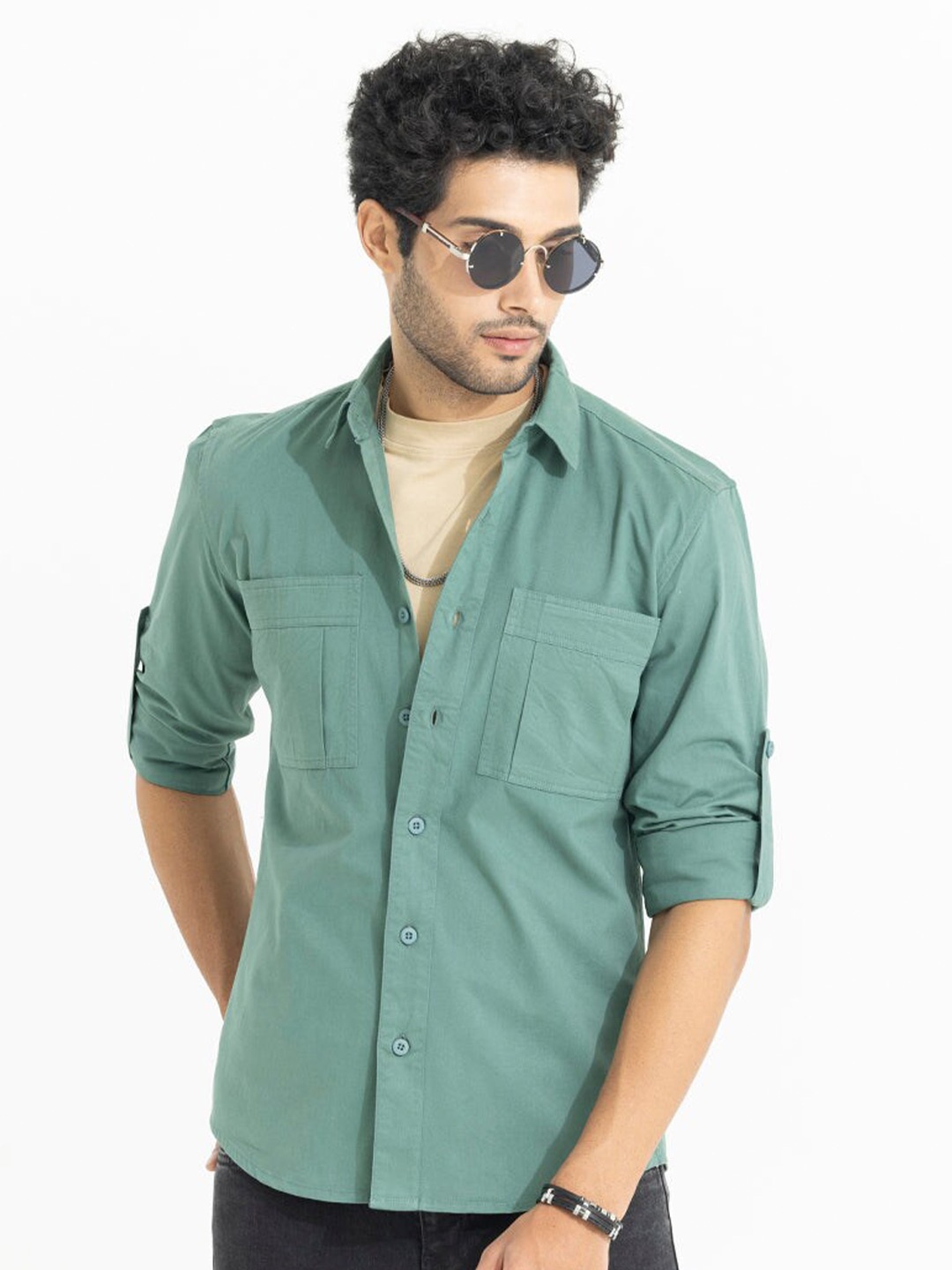 

Snitch Classic Spread Collar Roll-Up Sleeves Pure Cotton Casual Shirt, Green