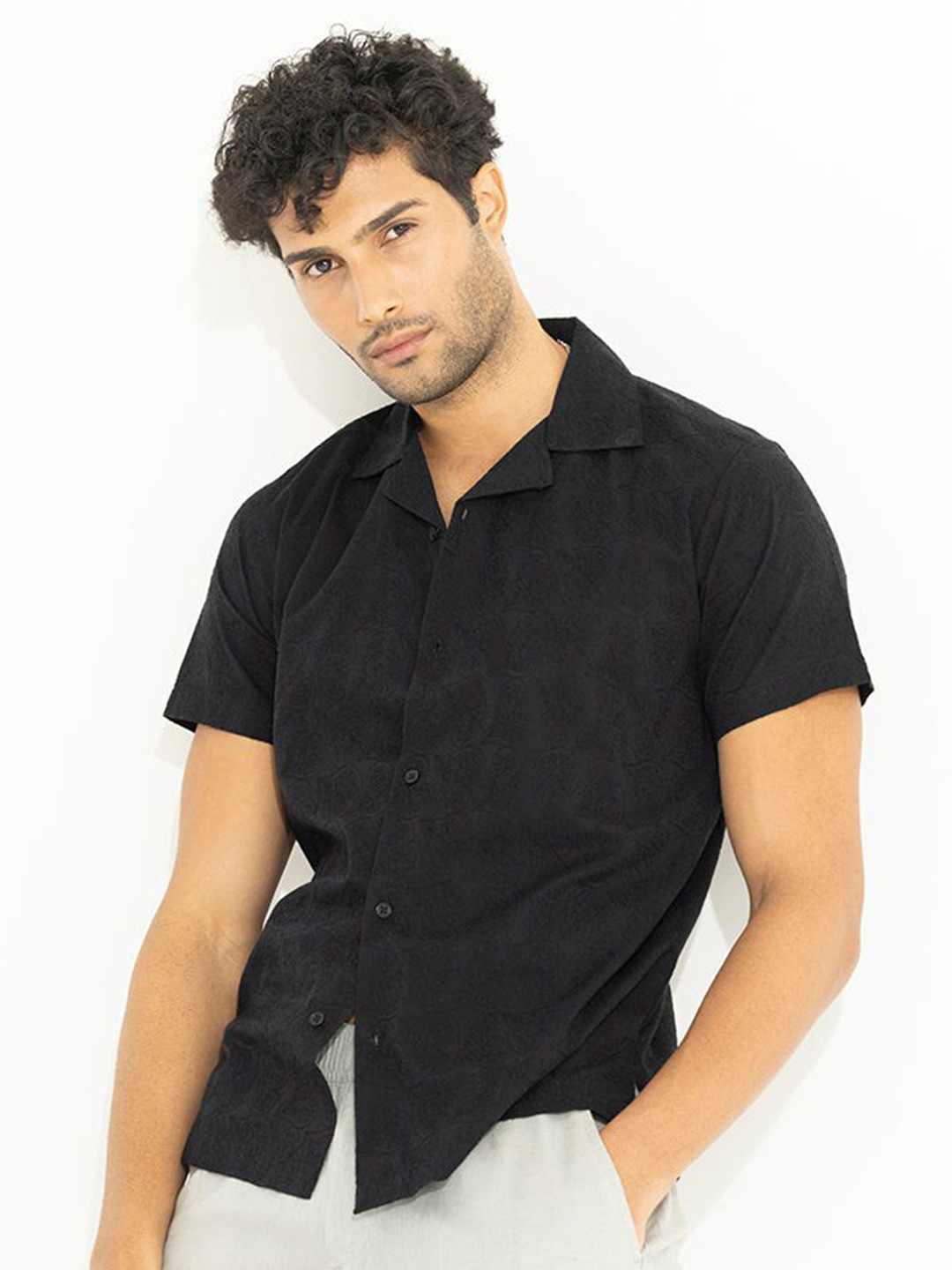 

Snitch Classic Regular Fit Ethnic Motifs Printed Cuban Collar Cotton Casual Shirt, Black