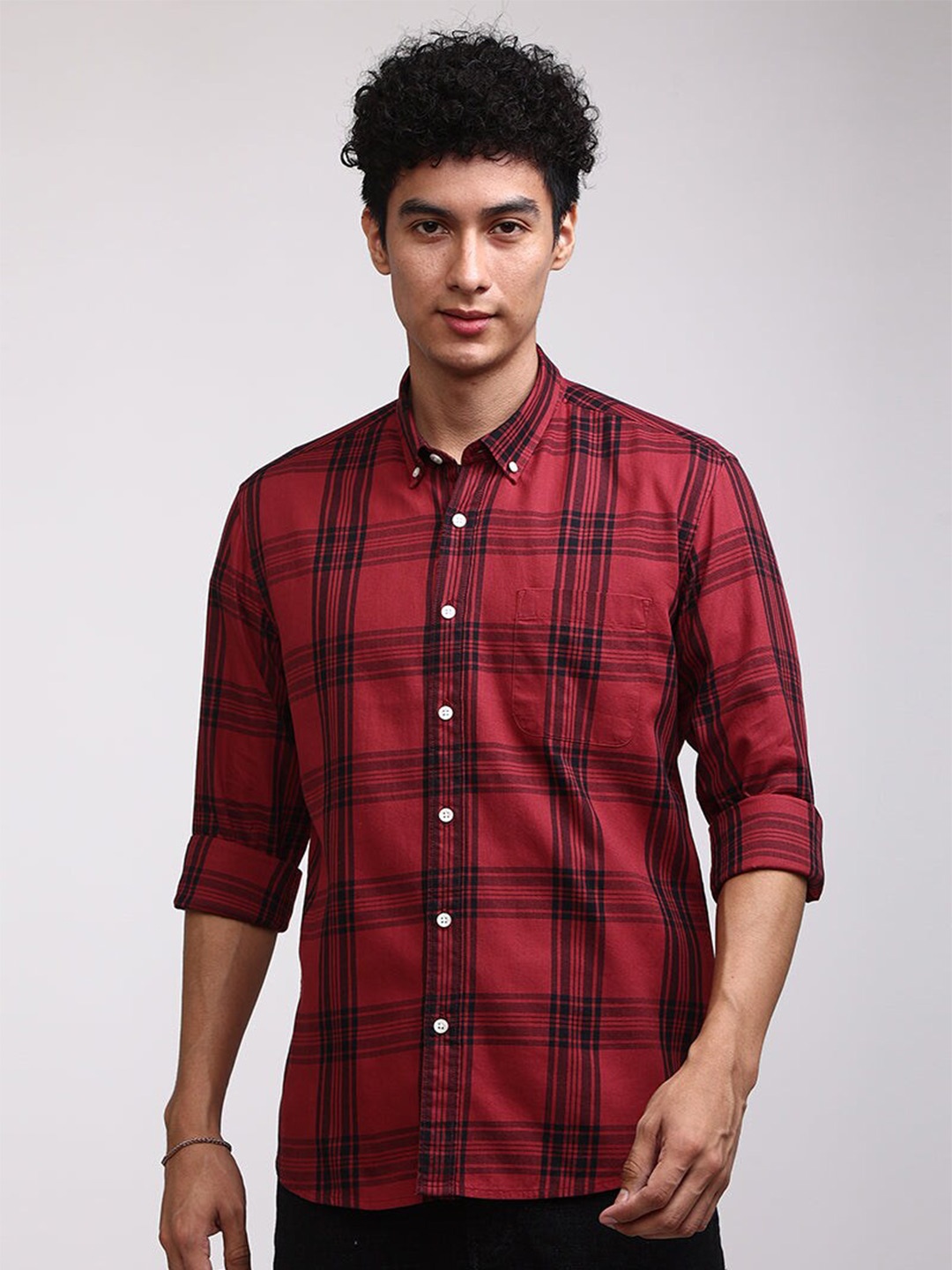 

Snitch Classic Tartan Checked Pure Cotton Checked Casual Shirt, Red