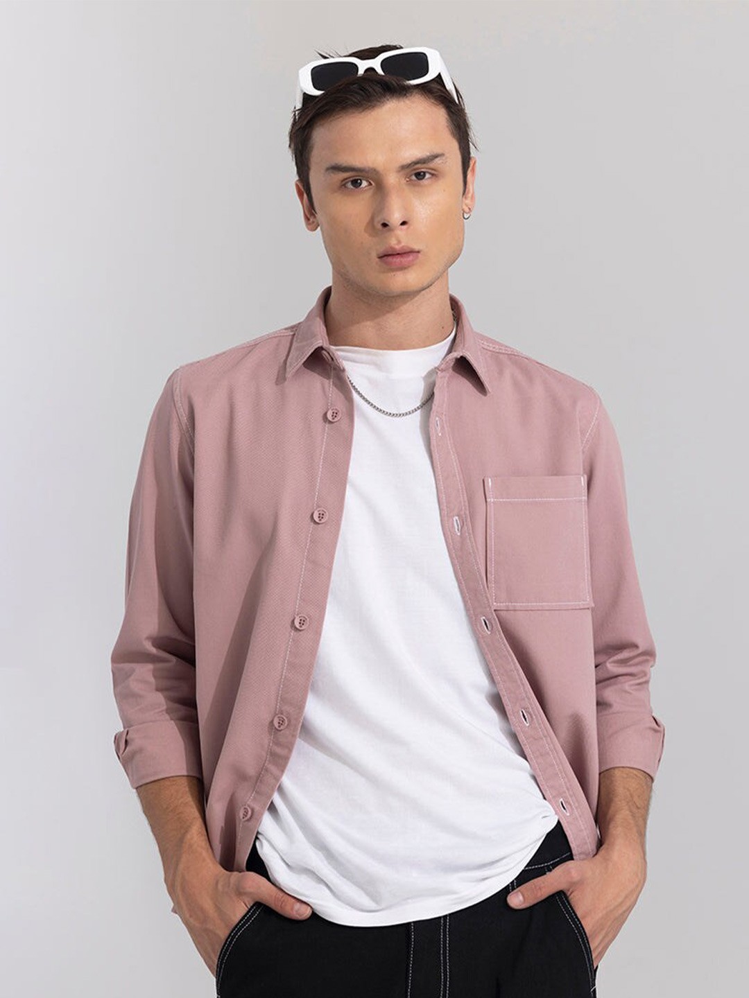 

Snitch Classic Boxy Spread Collar Chest Pocket Pure Cotton Casual Shirt, Pink