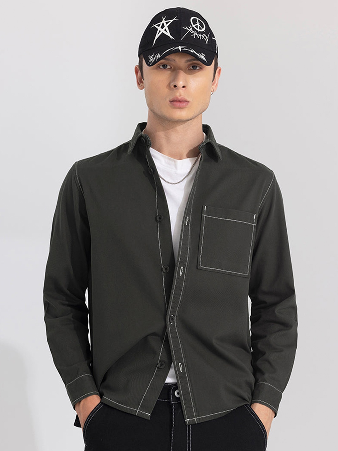 

Snitch Boxy Classic Spread Collar Pure Cotton Casual Shirt, Olive