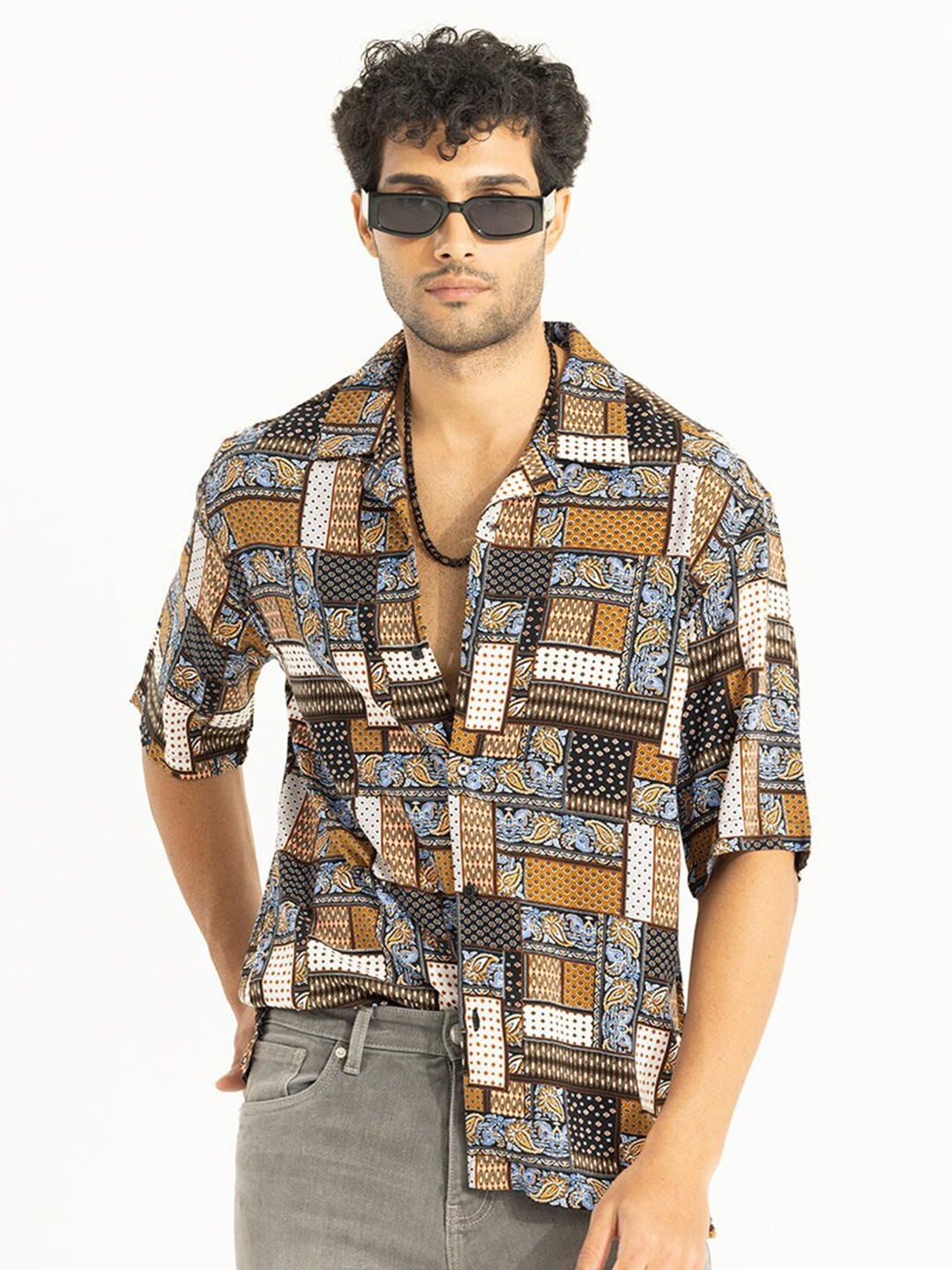 

Snitch Classic Oversized Ethnic Motifs Printed Casual Shirt, Brown
