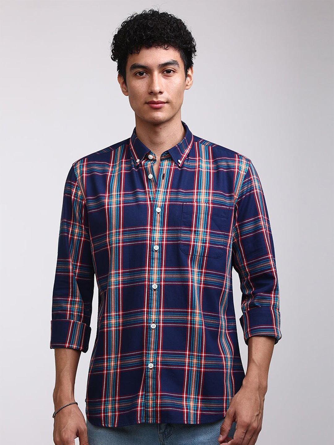 

Snitch Classic Tartan Checked Pure Cotton Casual Shirt, Blue