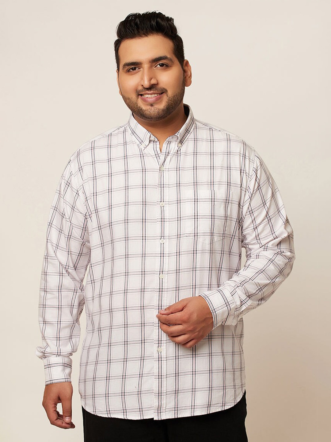 

Snitch Plus Size Classic Windowpane Checked Pure Cotton Casual Shirt, White