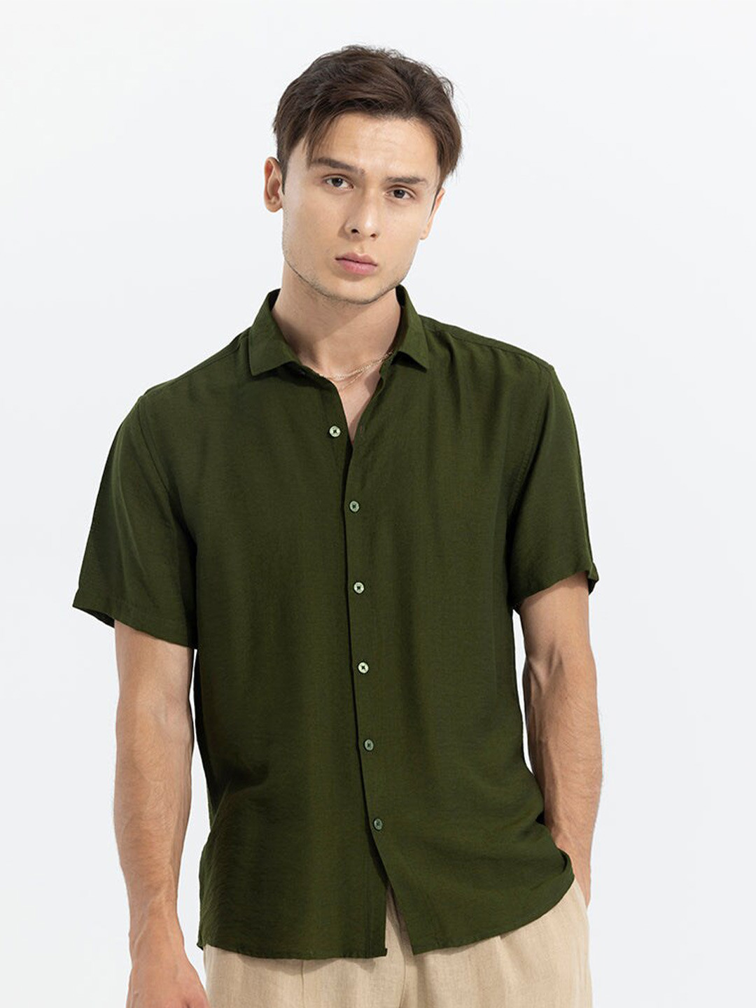 

Snitch Classic Spread Collar Pure Cotton Casual Shirt, Olive