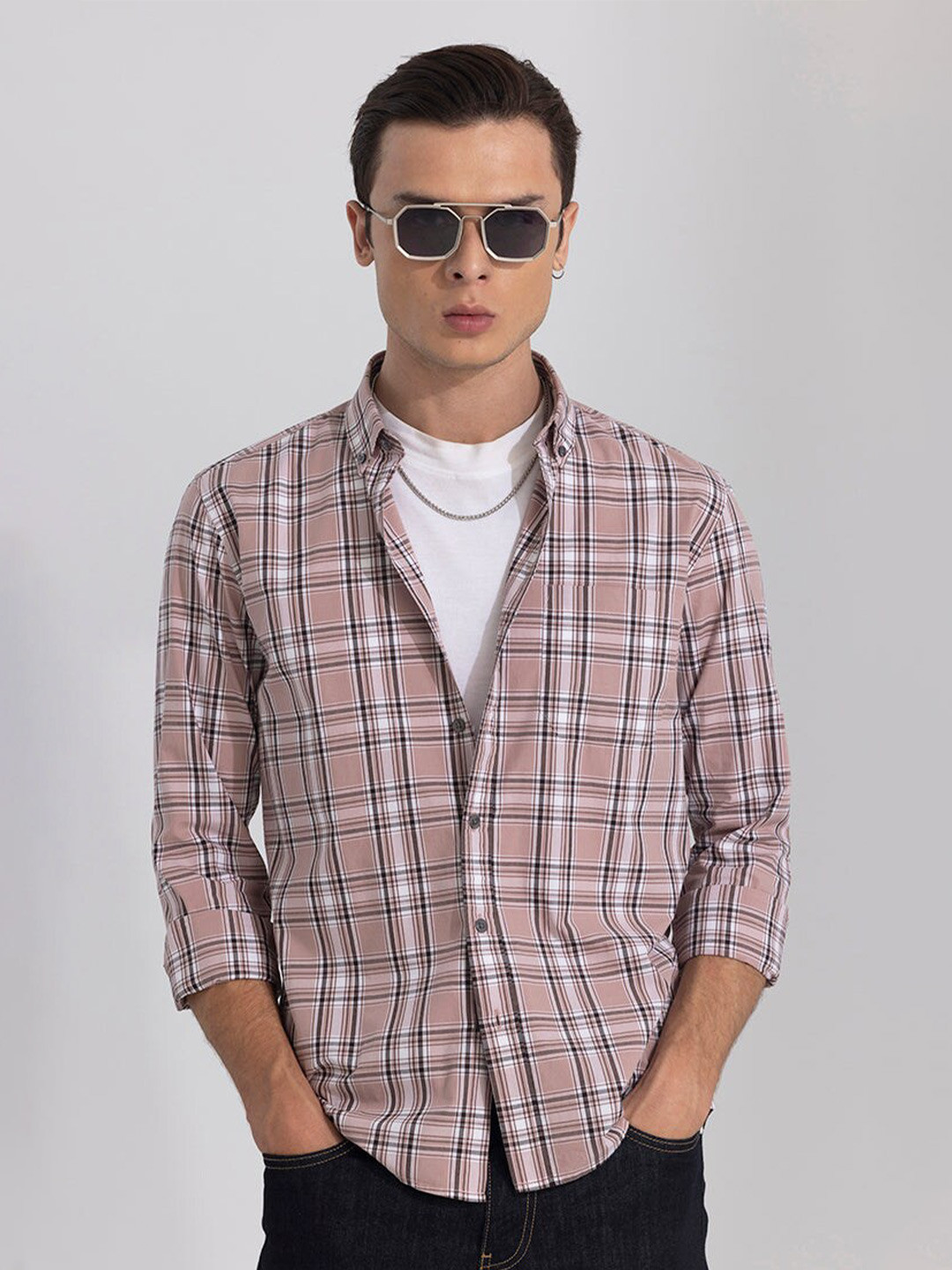 

Snitch Classic Tartan Checked Classic Button-Down Collar Pure Cotton Casual Shirt, Peach