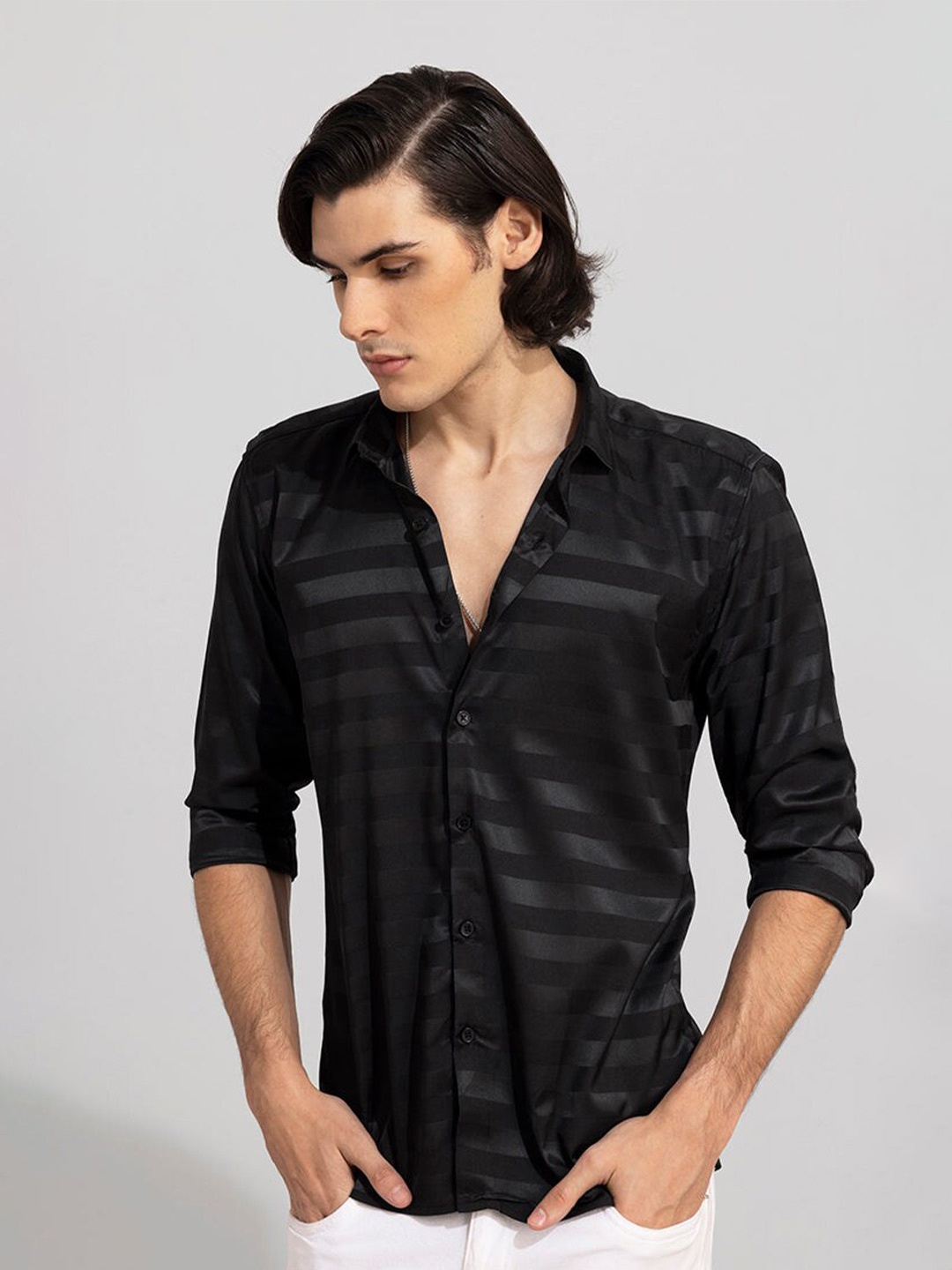 

Snitch Classic Horizontal Striped Casual Shirt, Black