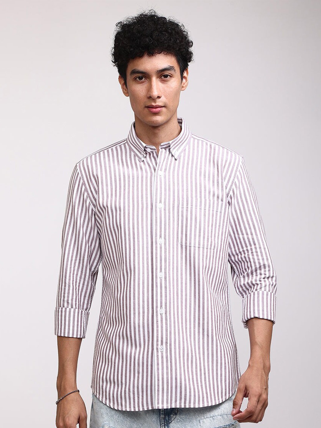 

Snitch Classic Vertical Striped Button-Down Collar Chest Pocket Pure Cotton Casual Shirt, Mauve