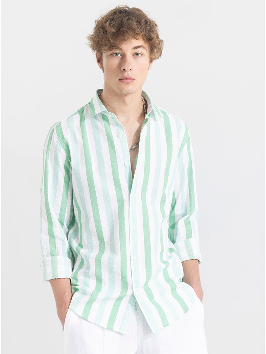 

Snitch Classic Striped Pure Cotton Casual Shirt, Green