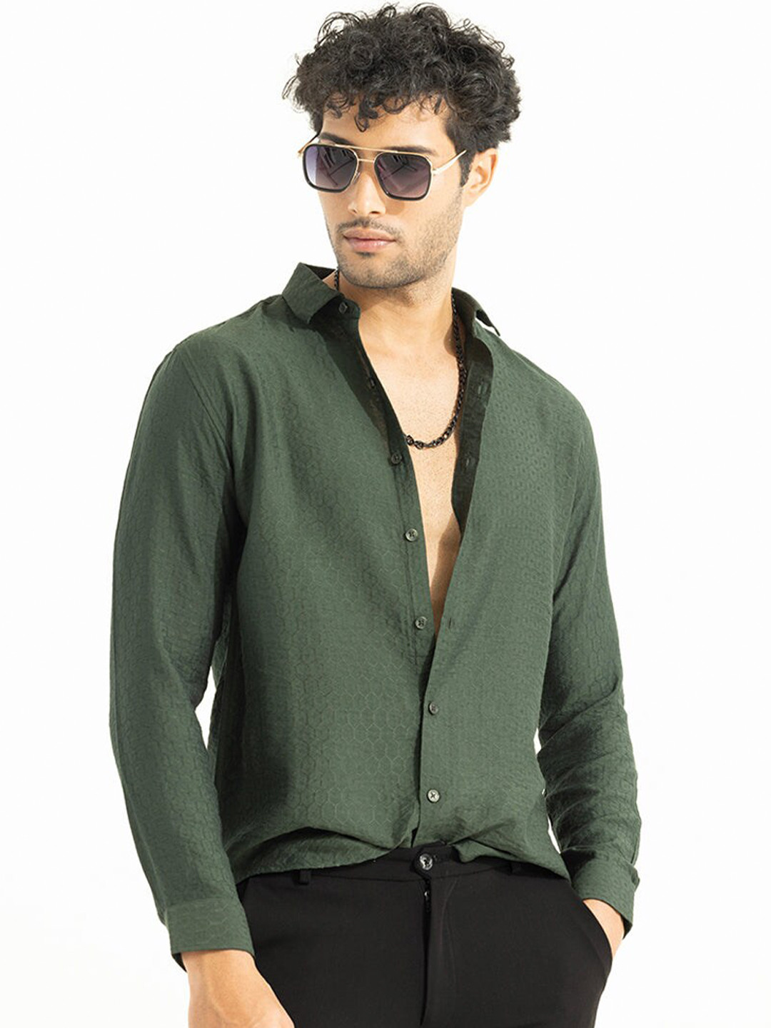

Snitch Classic Geometric Printed Casual Shirt, Olive