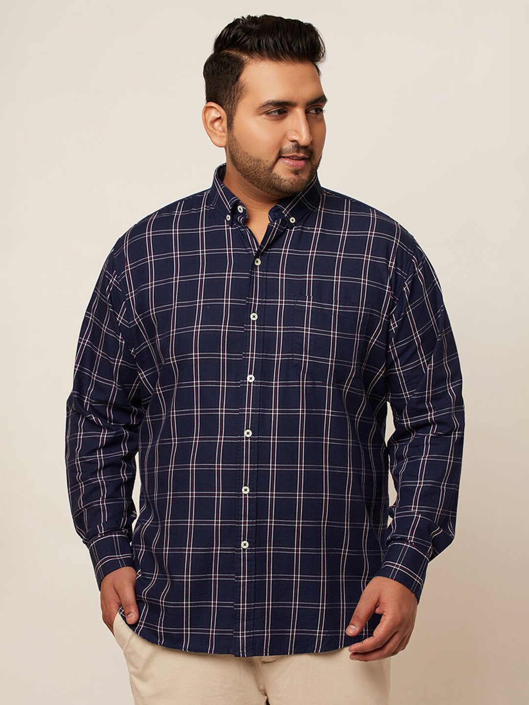 

Snitch Plus Size Classic Windowpane Checked Button-Down Collar Pure Cotton Casual Shirt, Navy blue