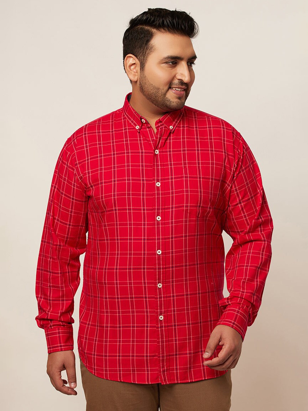 

Snitch Plus Size Classic Regular Fit Checked Button-Down Collar Cotton Casual Shirt, Red