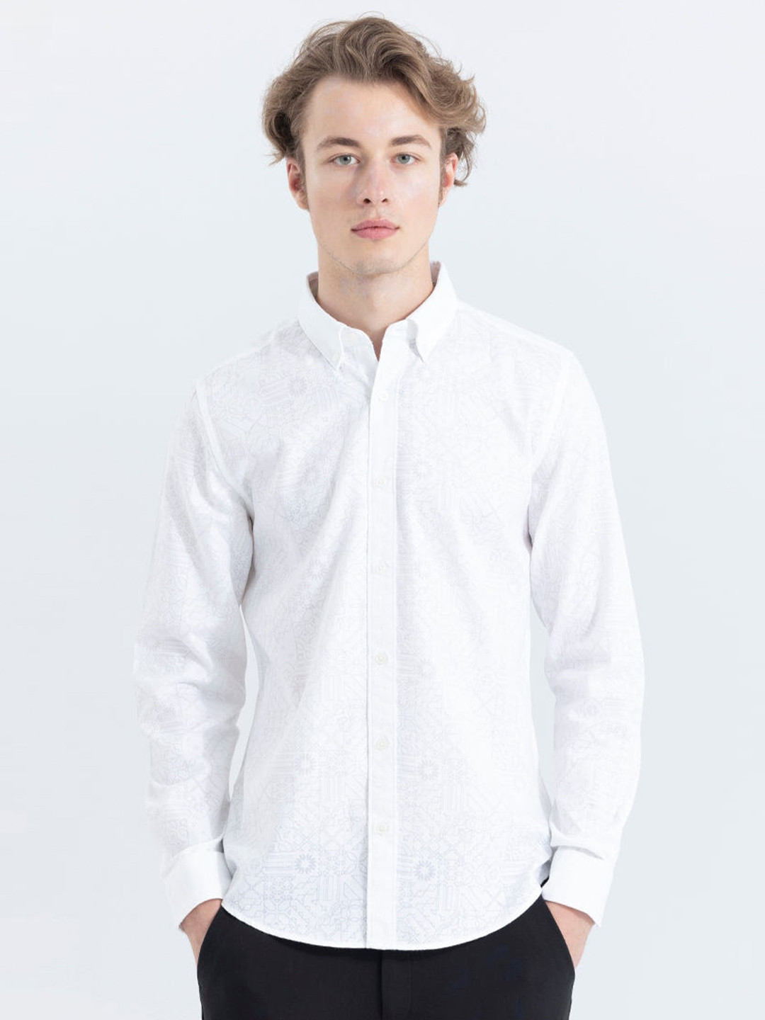 

Snitch Classic Ethnic Motifs Printed Button-Down Collar Pure Cotton Casual Shirt, White