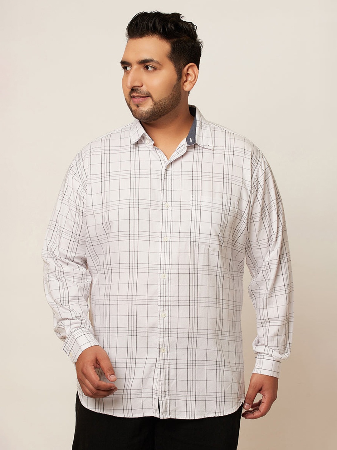 

Snitch Plus Size Classic Regular Fit Checked Spread Collar Cotton Casual Shirt, White