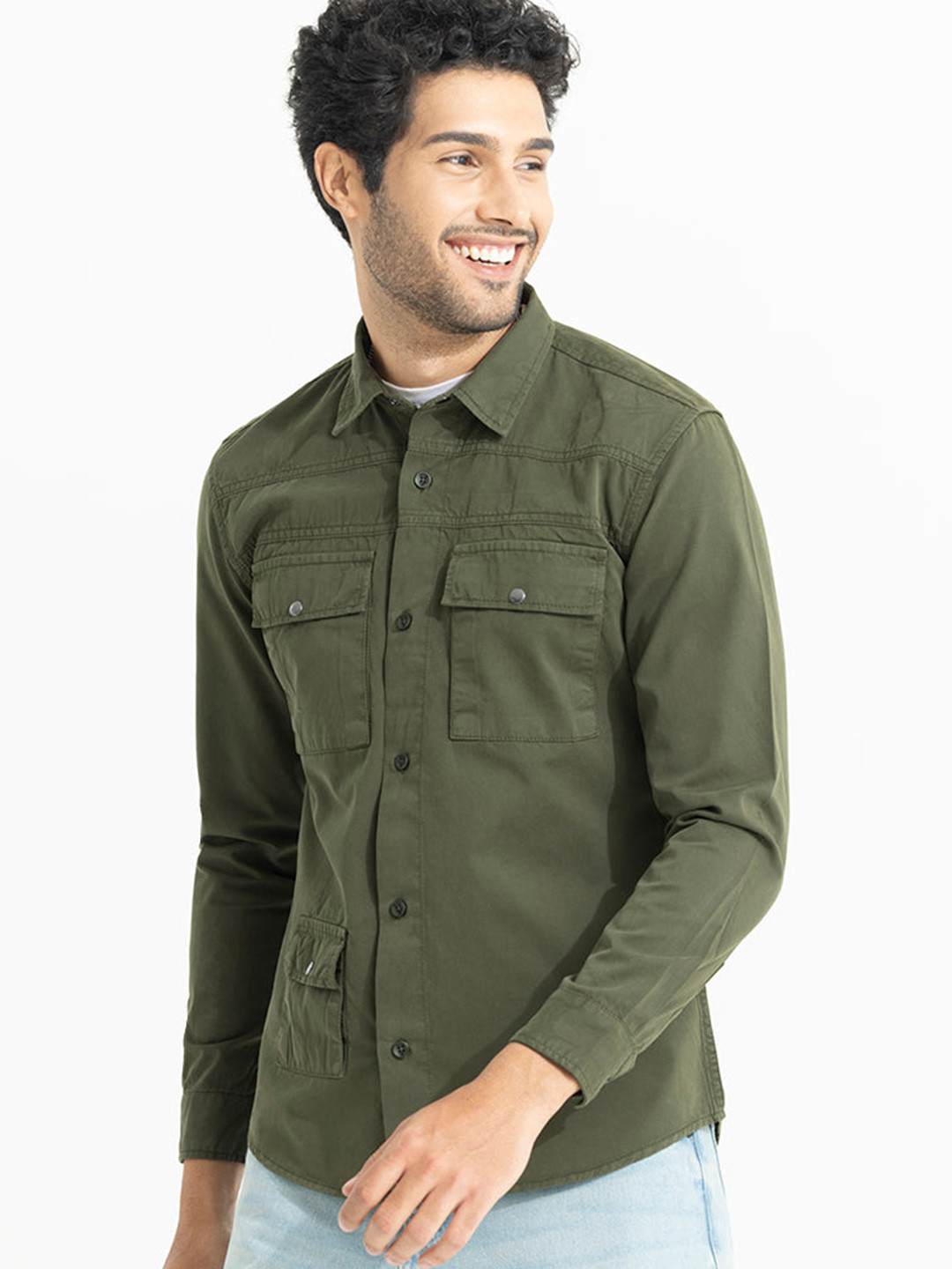 

Snitch Olive Green Classic Spread Collar Casual Shirt