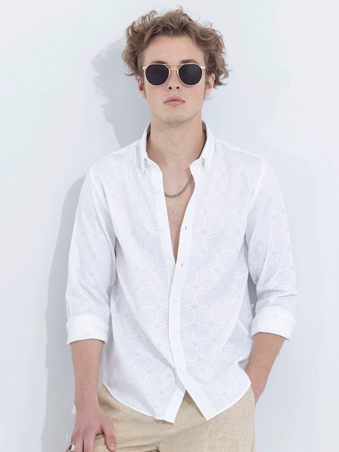 

Snitch Classic Floral Printed Button-Down Collar Pure Cotton Casual Shirt, White