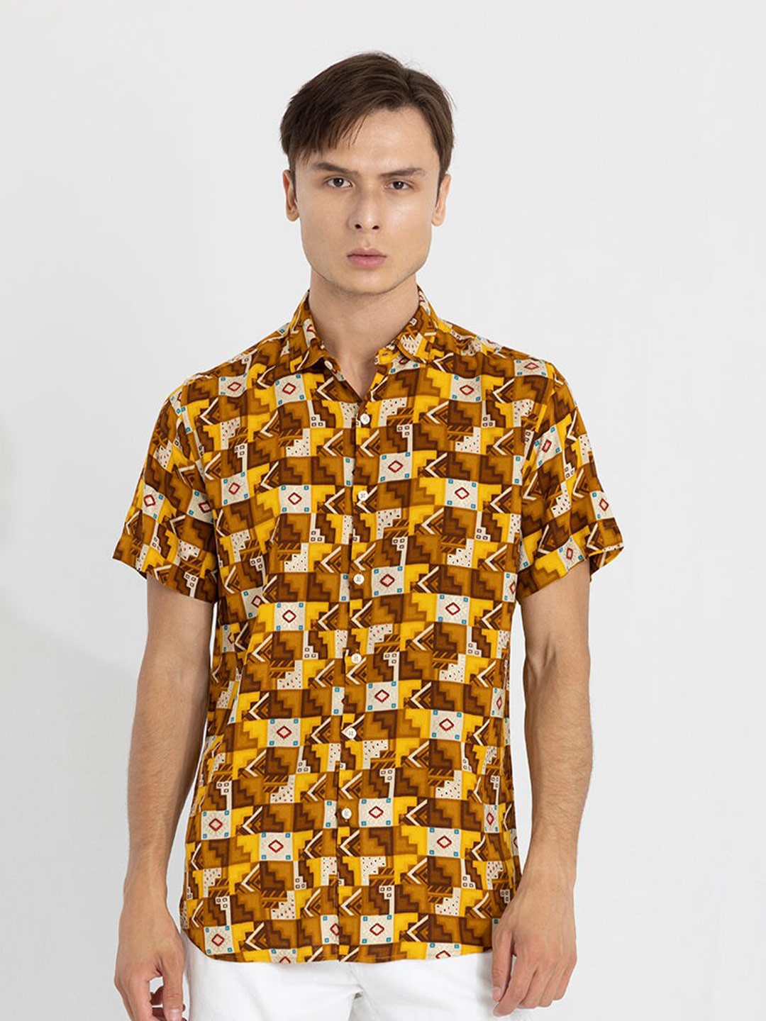 

Snitch Classic Geometric Printed Spread Collar Casual Shirt, Mustard