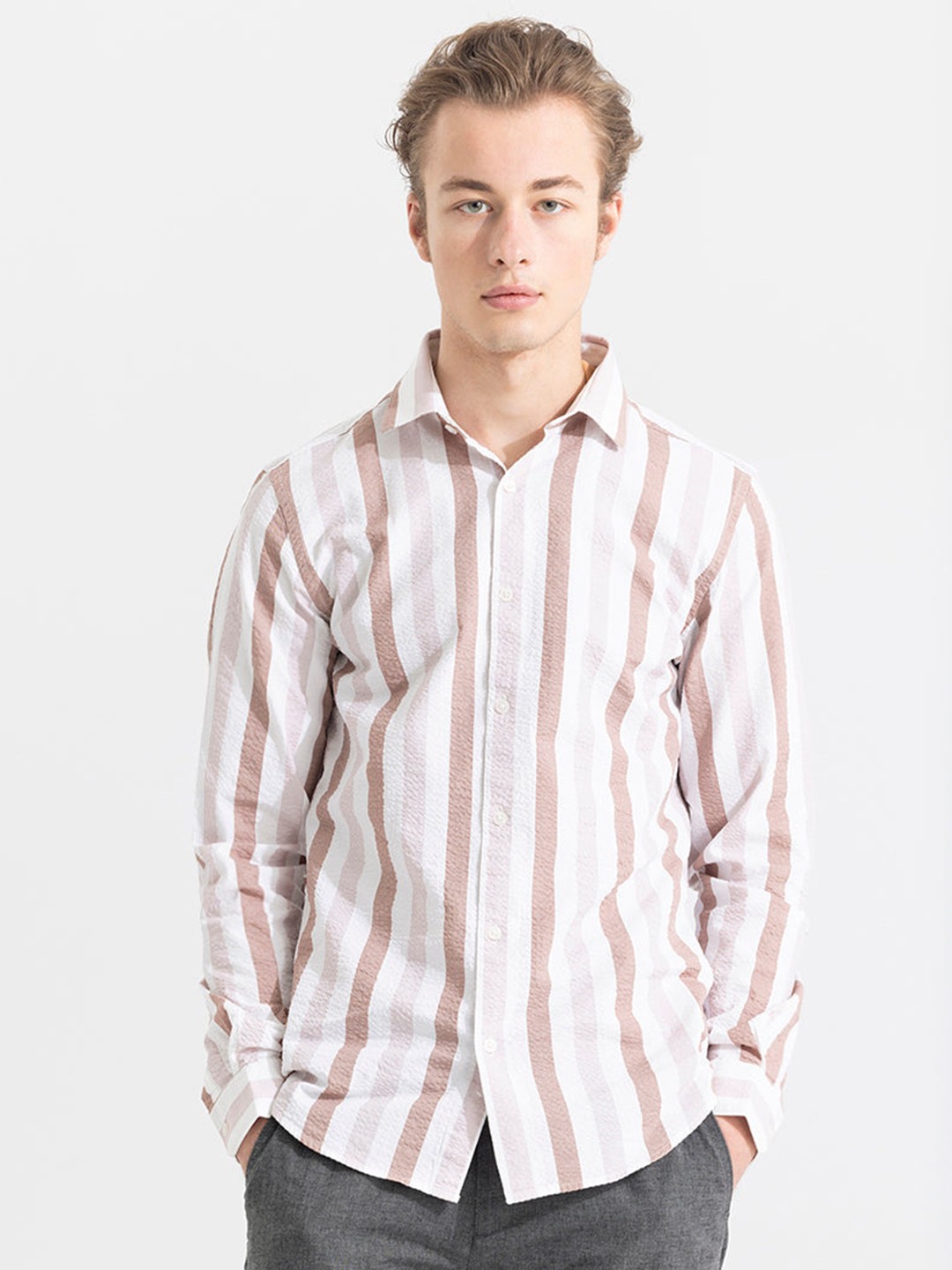 

Snitch White & Brown Classic Vertical Striped Pure Cotton Casual Shirt