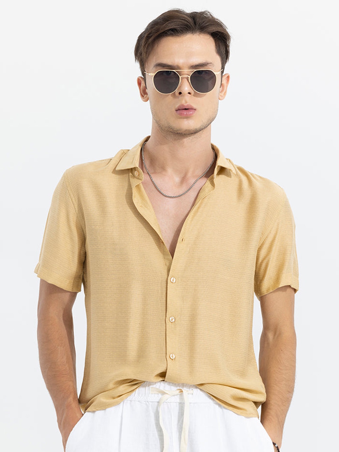 

Snitch Beige Classic Fit Textured Casual Pure Cotton Shirt