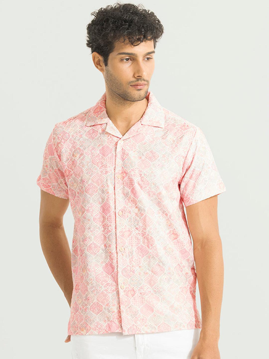 

Snitch Pink Classic Geometric Printed Pure Cotton Casual Shirt