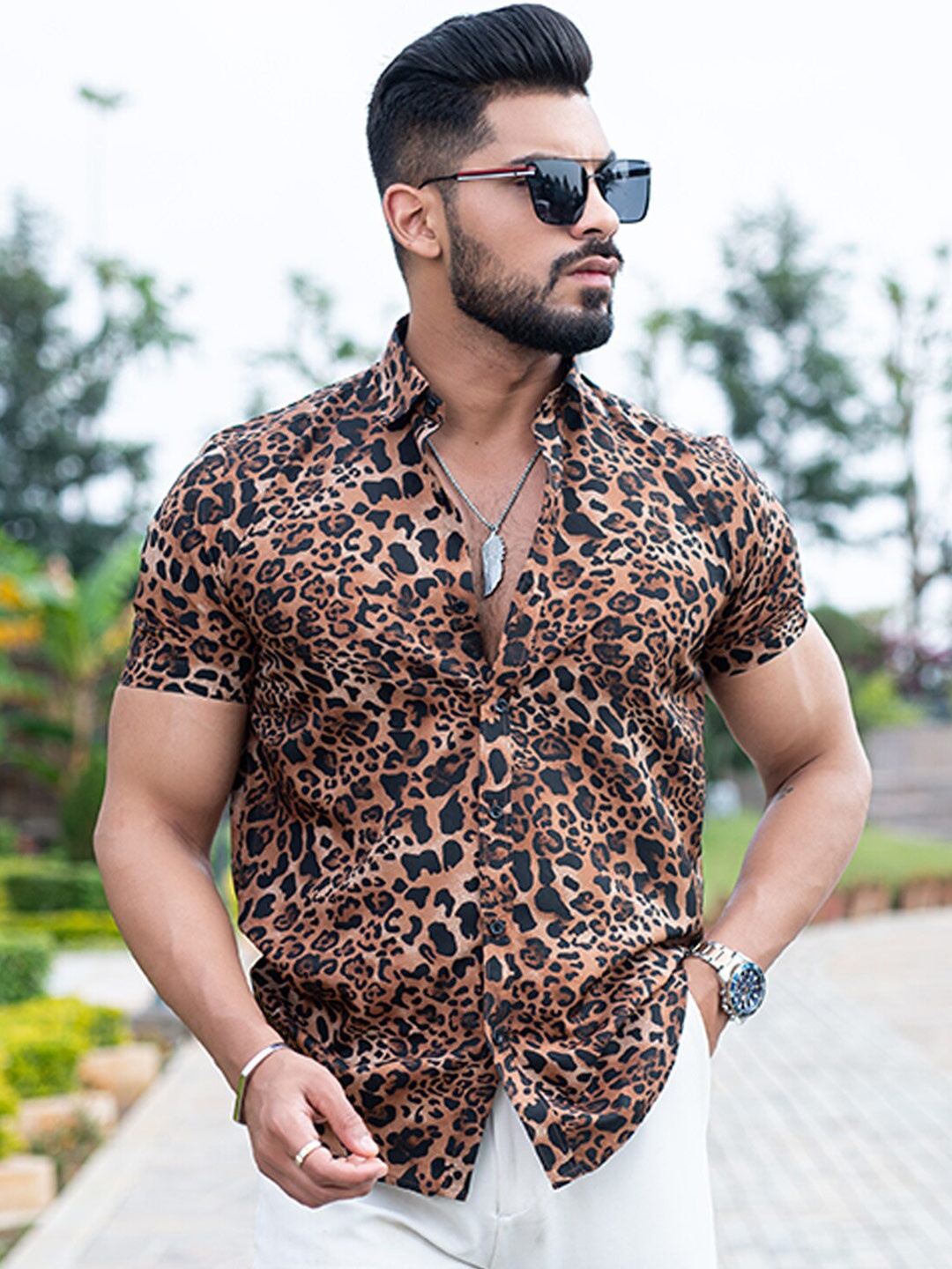 

Tistabene New Animal Printed Regular Fit Spread Collar Crepe Casual Shirt, Brown