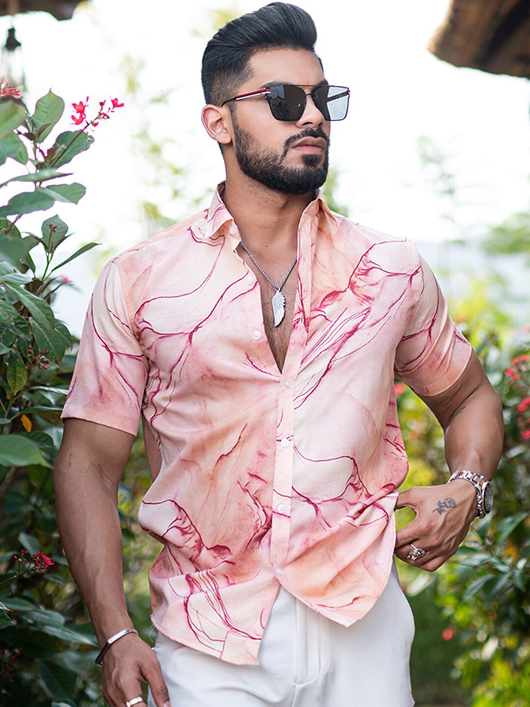 

Tistabene New Abstract Printed Spread Collar Regular Fit Crepe Casual Shirt, Peach