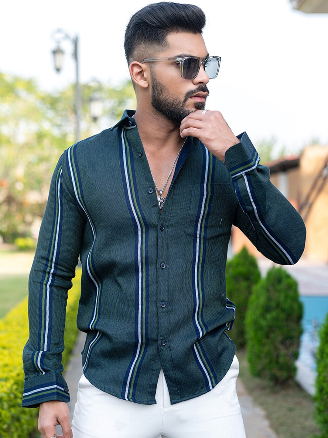 

Tistabene New Striped Printed Spread Collar Regular Fit Cotton Casual Shirt, Green